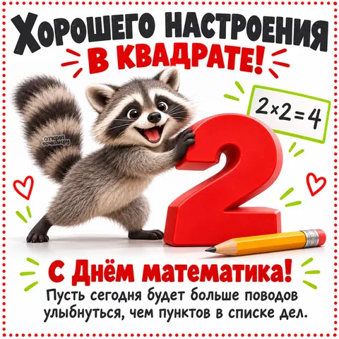 Открытка «День математика, Енот и двойка»