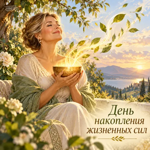 Открытка «День накопления жизненных сил, девушка с золотой чашей на террасе у горного озера»