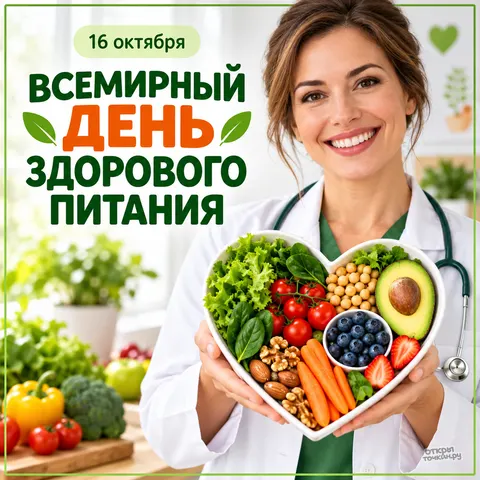 Открытка «Всемирный день здорового питания, врач с тарелкой в форме сердца»