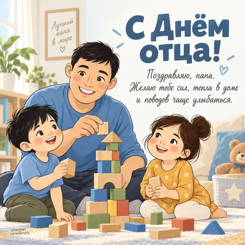 Открытка «С днём отца, папа с детьми играет в кубики»