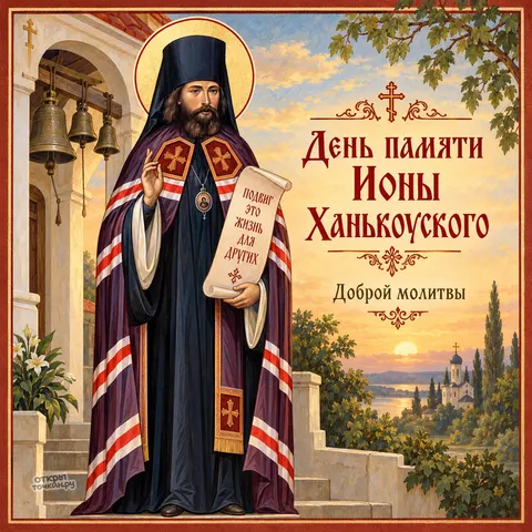 Открытка «День памяти Ионы Ханькоуского, колокола и закат у храма на реке» — День памяти святителя Ионы Ханькоуского