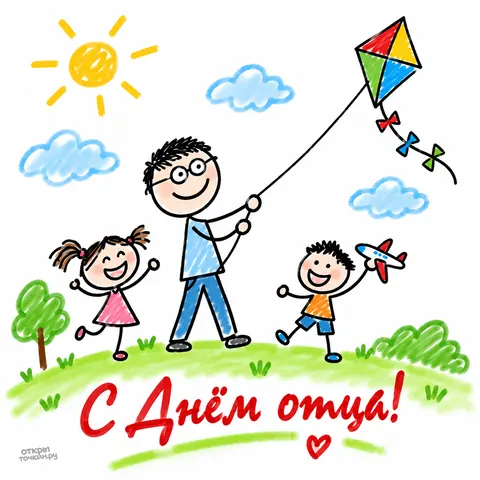 Открытка «С днём отца, папа и дети с воздушным змеем»
