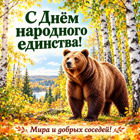 Открытка «С Днём народного единства, медведь в берёзовой роще»