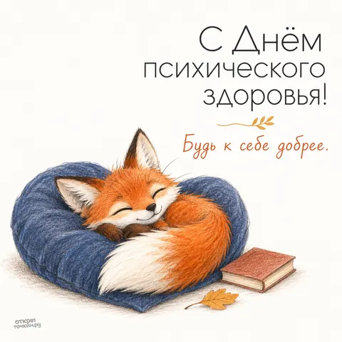 Открытка «Всемирный день психического здоровья» — С Днём психического здоровья, лисёнок отдыхает на подушке