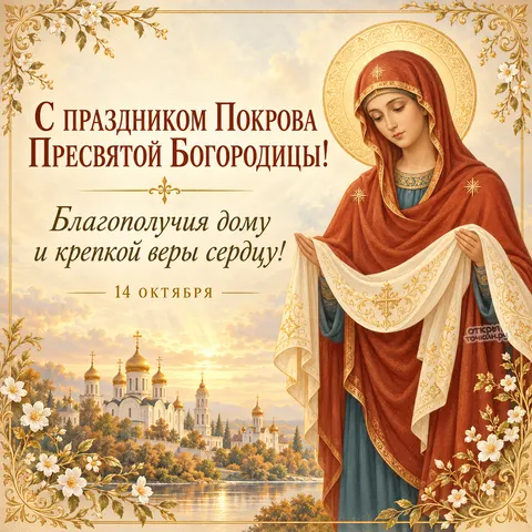 Открытка «Покров Богородицы и золотые храмы» — Покров Пресвятой Богородицы