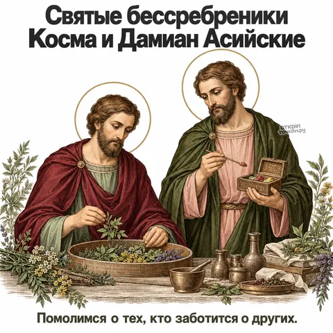 Открытка «День памяти Космы и Дамиана Асийских, бессребреники готовят лекарства из трав за столом»