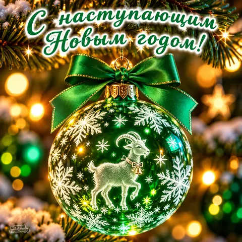 Открытка «С Наступающим Новым годом, зеленый шар с козликом и колокольчиком» — Канун Нового года
