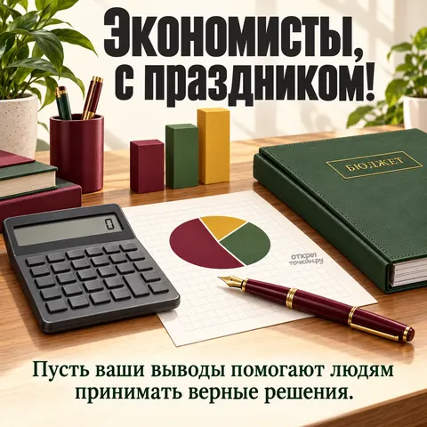 Открытка «День экономиста в России, калькулятор круговая диаграмма и папка бюджет»