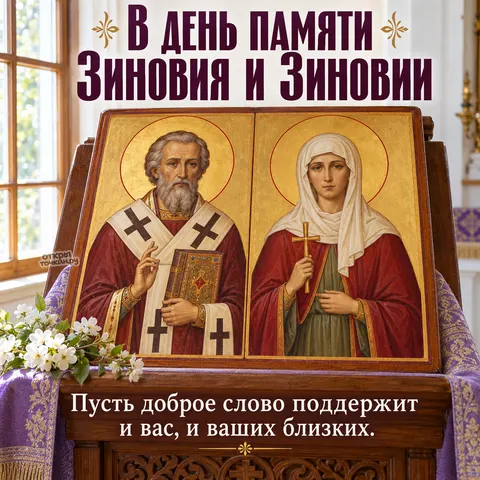 Открытка «День памяти Зиновия и Зиновии, икона на аналое в храме с белыми цветами у окна» — День памяти священномученика Зиновия и мученицы Зиновии