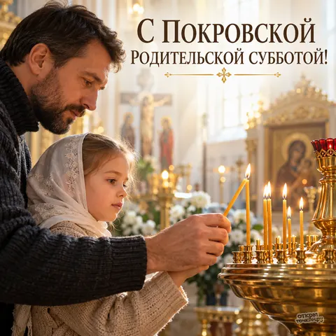 Открытка «Покровская родительская суббота, отец и дочь зажигают поминальную свечу»