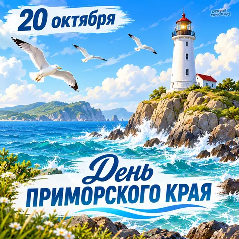 Открытка «День Приморского края, маяк на скалах и чайки над волнами»