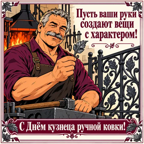 Открытка «День кузнеца ручной ковки, Кузнец кует лист»