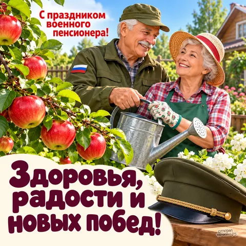 Открытка «День военного пенсионера, пара в солнечном саду, яблоки и фуражка»