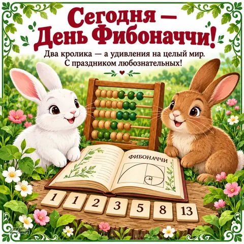 Открытка «День Фибоначчи, два кролика счёты и плитки с числами»