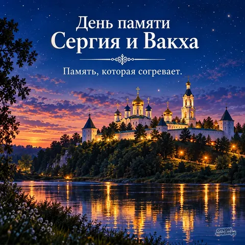 Открытка «День памяти Сергия и Вакха, вечерний монастырь над рекой» — День памяти святых мучеников Сергия и Вакха