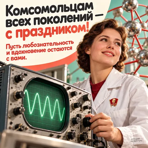 Открытка «День рождения Комсомола, девушка в белом халате у осциллографа с эмблемой»