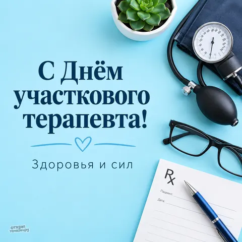 Открытка «С днём участкового терапевта, здоровья и сил, тонометр и рецептурный бланк»