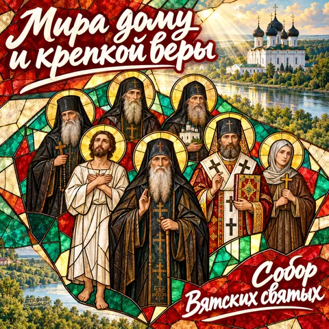 Открытка «Собор Вятских святых, мира дому и крепкой веры, святые в витражной рамке над рекой и храмом»