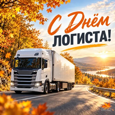 Открытка «С днём логиста, белая фура на закате»