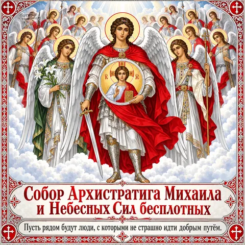 Открытка «Собор Архистратига Михаила, архангел михаил с мечом в сиянии над облаками» — Собор Архистратига Михаила и прочих Небесных Сил бесплотных