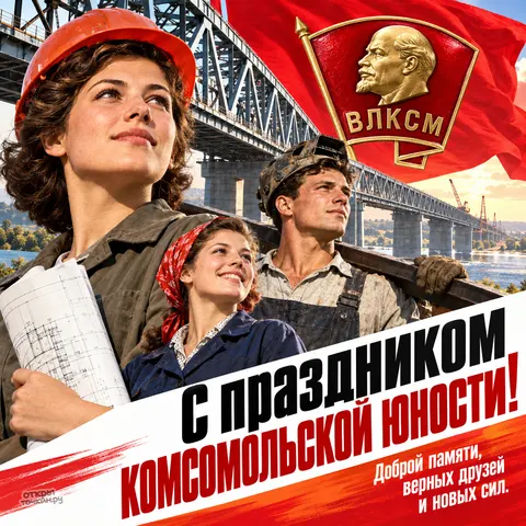 Открытка «День рождения Комсомола, девушка с чертежами и строители у моста со значком»