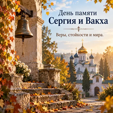 Открытка «День памяти Сергия и Вакха, колокол в каменной арке осенью» — День памяти святых мучеников Сергия и Вакха