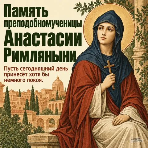 Открытка «День памяти преподобномученицы Анастасии Римляныни, гравюра Анастасии на фоне древнего Рима»