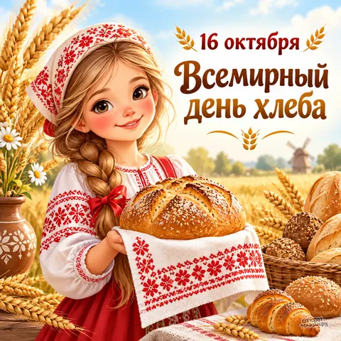 Открытка «Всемирный день хлеба, девочка в вышиванке с караваем у мельницы»