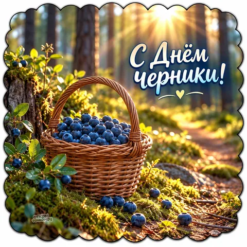 Открытка «День чёрники, корзина ягод в солнечном лесу»