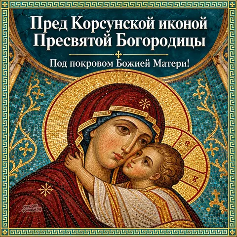 Открытка «Корсунская икона Божией Матери, пред корсунской иконой пресвятой богородицы, под покровом божией матери, мозаичный образ в золотой рамке» — Праздник Корсунской иконы Божией Матери