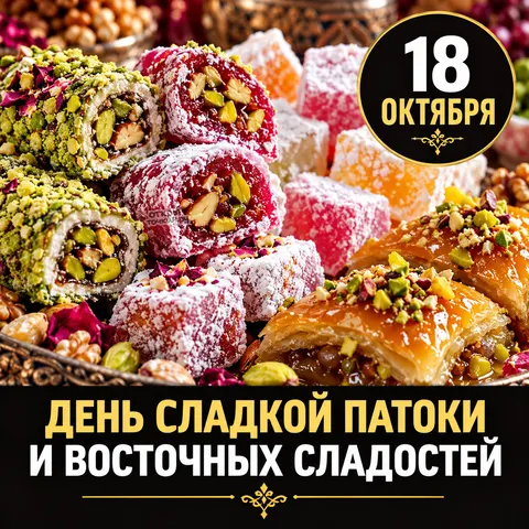 Открытка «День сладкой патоки и восточных сладостей, 18 октября, рахат лукум и пахлава крупным планом»