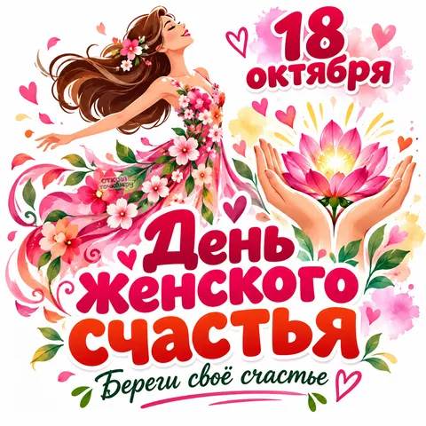 Открытка «День женского счастья, береги своё счастье, девушка в платье из цветов, 18 октября»