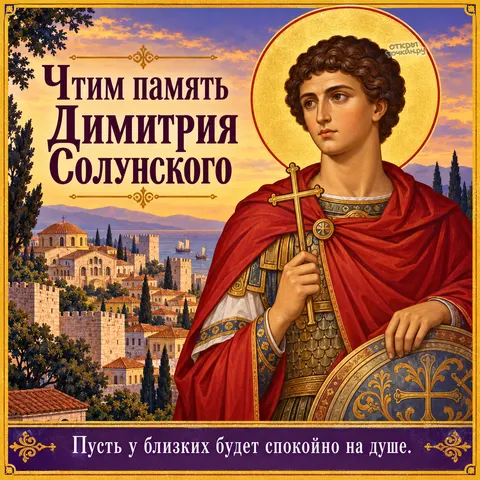 Открытка «День памяти великомученика Димитрия Солунского, Димитрий со щитом на фоне Солуни и моря»
