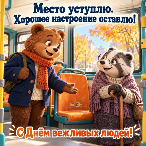 Открытка «День вежливых людей, медвежонок уступает место барсуку в автобусе»