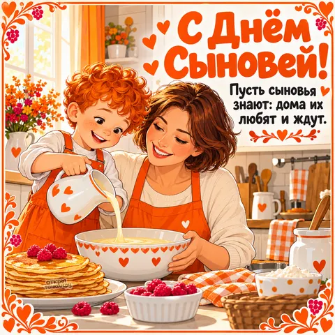Открытка «День сыновей, мама и сын пекут блины на кухне»