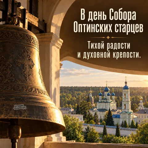 Открытка «Собор Оптинских старцев, колокол в арке и вид на монастырь на золотом закате» — Собор преподобных Оптинских старцев