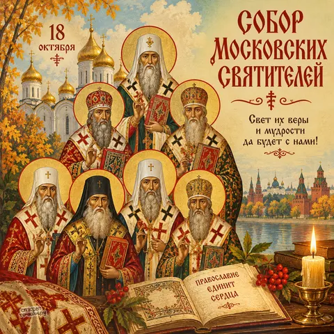 Открытка «Собор Московских святителей, 18 октября, свет их веры и мудрости, православие единит сердца»