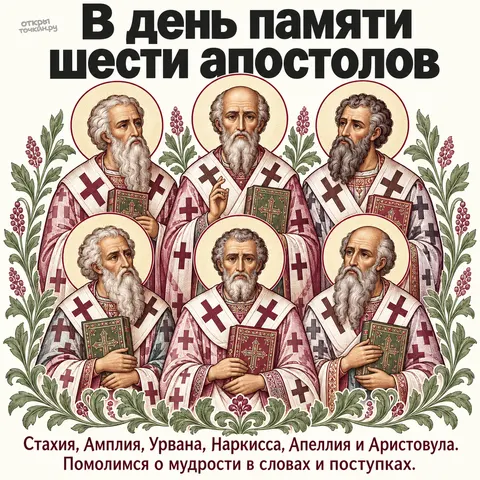 Открытка «День памяти шести апостолов, гравюра шести апостолов с Евангелиями и цветами» — День памяти апостолов от 70-ти Стахия, Амплия, Урвана и прочих