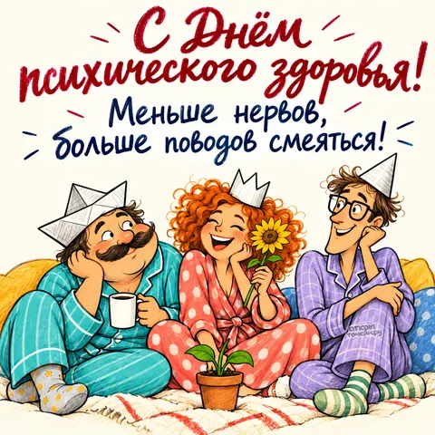 Открытка «Всемирный день психического здоровья» — С Днём психического здоровья, весёлая компания в бумажных шляпах