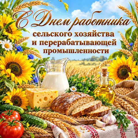 Открытка «День сельского хозяйства, хлеб сыр и молоко с подсолнухами» — День работника сельского хозяйства и перерабатывающей промышленности