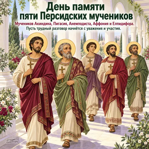 Открытка «День памяти пяти Персидских мучеников, пять мучеников идут под мраморной колоннадой» — День памяти мучеников Акиндина, Пигасия, Анемподиста и прочих
