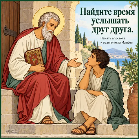 Открытка «День памяти апостола Матфея, апостол Матфей беседует с юношей на ступенях» — День памяти апостола и евангелиста Матфея