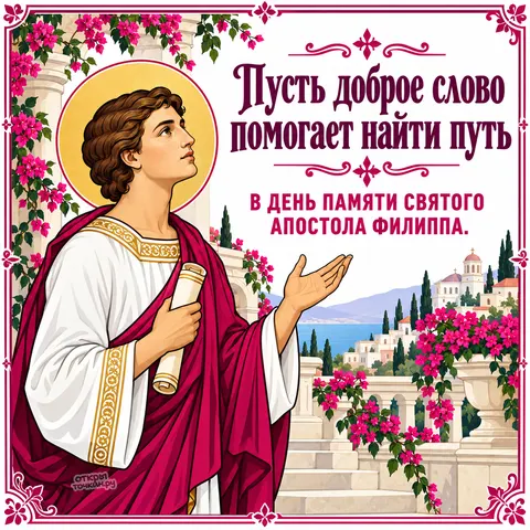 Открытка «День памяти апостола Филиппа, апостол Филипп на террасе с цветами и морем»