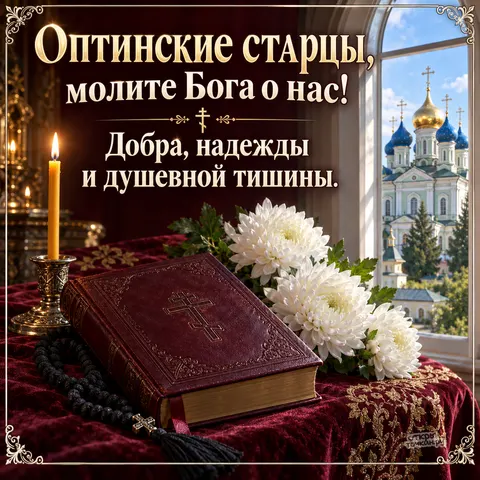 Открытка «Собор Оптинских старцев, книга с четками, белые хризантемы и храм в окне» — Собор преподобных Оптинских старцев