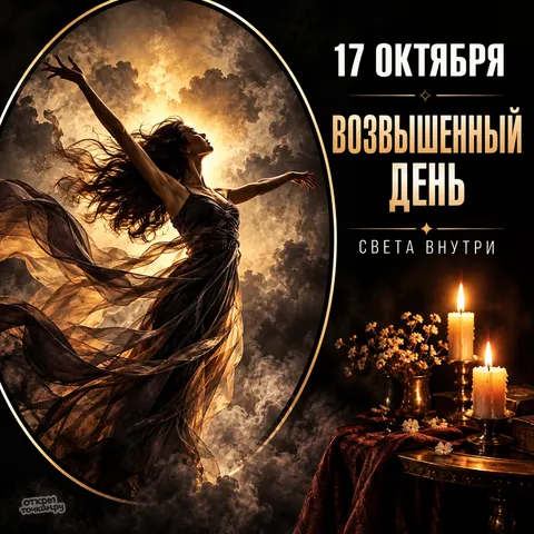 Открытка «Возвышенный день, 17 октября, фигура в золотом свете, света внутри»