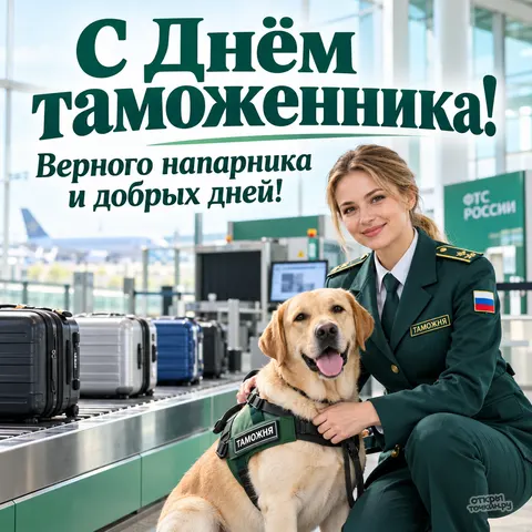 Открытка «День таможенника, кинолог с лабрадором в аэропорту, лента багажа и чемоданы» — День таможенника Российской Федерации