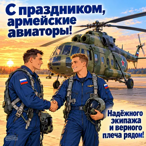 Открытка «День армейской авиации, два летчика рукопожатие на фоне вертолёта, закат на аэродроме» — День армейской авиации России