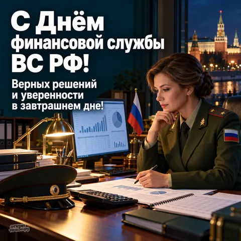 Открытка «День финслужбы ВС РФ, офицер за столом ночью, вид на Кремль, монитор с графиками и фуражка» — День финансово-экономической службы ВС РФ