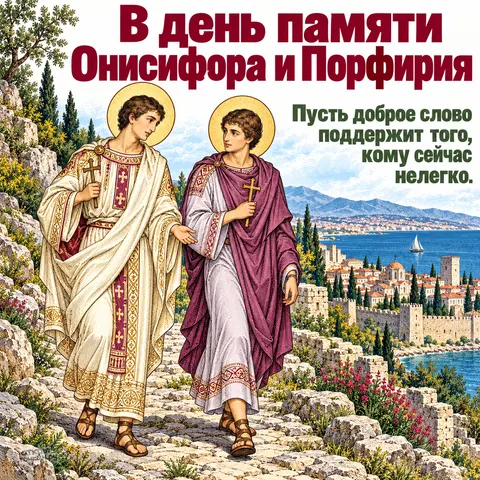 Открытка «День памяти Онисифора и Порфирия, идут по дороге к прибрежному городу» — День памяти мучеников Онисифора и Порфирия