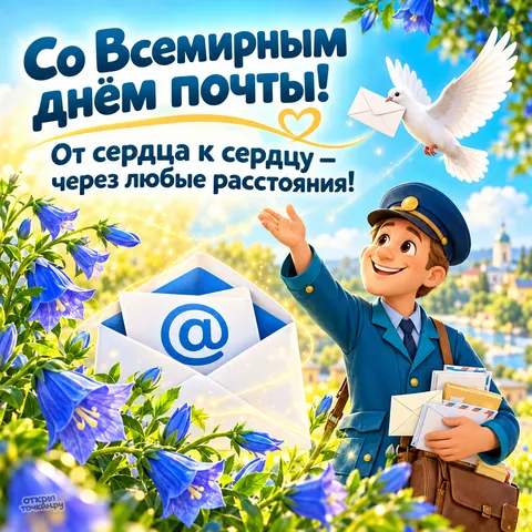 Открытка «Со Всемирным днём почты, конверт с символом электронной почты»